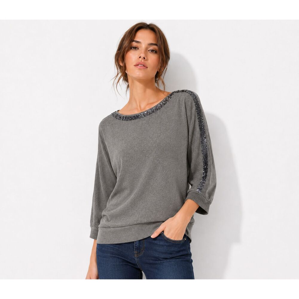 Talbots Gray Sequin Boat Neck Tunic Sweater Dolman Sleeve Knit Old Money Top M